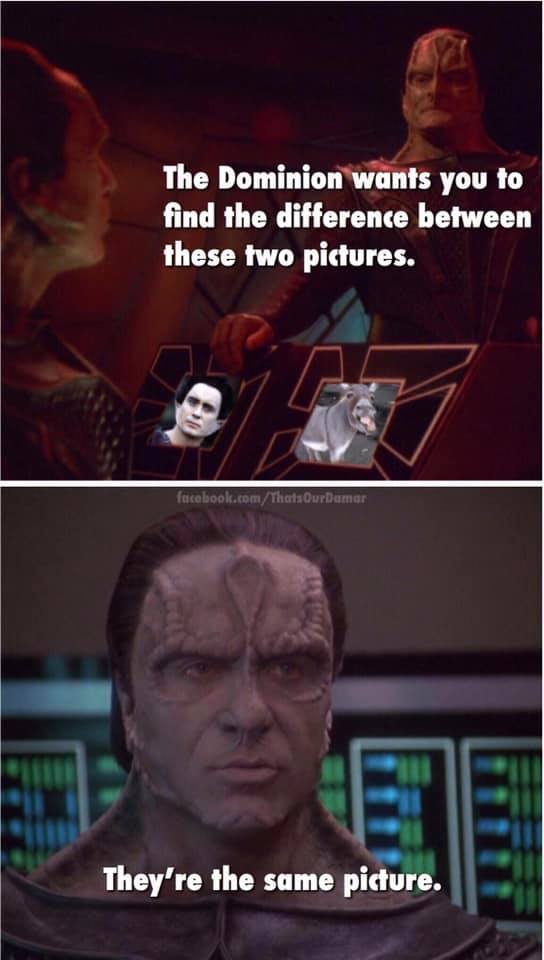 This meme is a split-screen image comparing a still from the Star Trek: The Next Generation episode "The Best of Both Worlds, Part II" (a Klingon) to a still from the movie Star Trek VI: The Undiscovered Country (a Klingon). The text "They're the same movie" appears above the split-screen image.